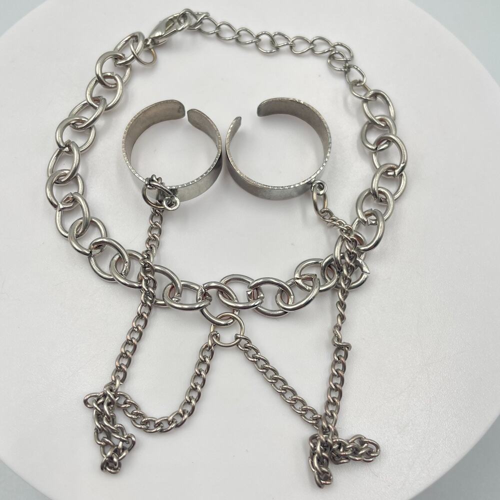 VTG Silver Tone Chain Bracelet Double Finger Ring Set Punk Grunge Adjustable